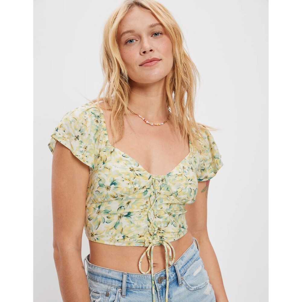 NWT American Eagle Women's Daisy Flutter-Sleeve Corset Lace Down Tie Crop Top M